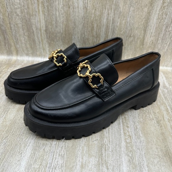 SAM & LIBBY 8 Women Chunky Black Shoes 8 Rylan Lug Sole Loafers Gold Chain - Picture 1 of 9
